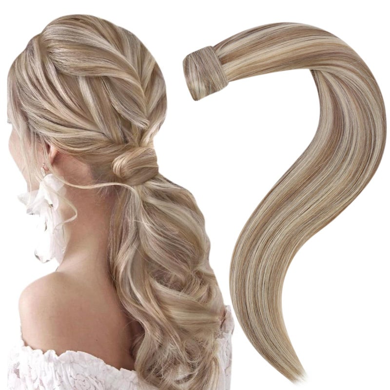 Easyouth Human Hair Ponytail Extension Highlight Pony Tails Hair Extensions Brown Highlighted Blonde Human Hair Ponytail Extension Easy to Apply and Remove 16 Inch 80g